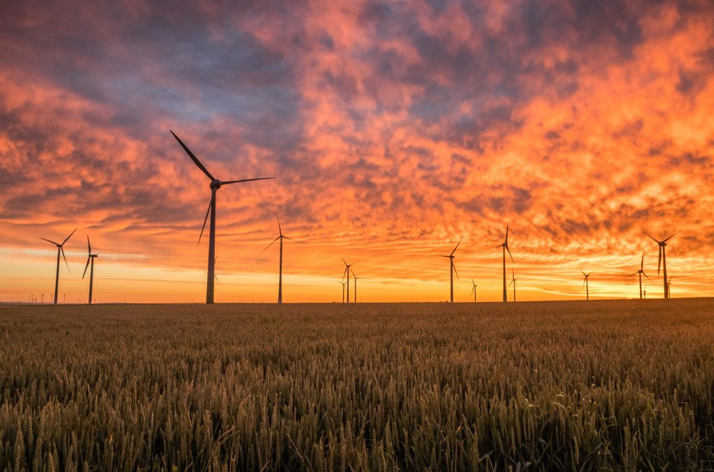landscape photography of grass field with windmills under orange sunset (Symbolbild: SMA Solar Gewinnwarnung)
