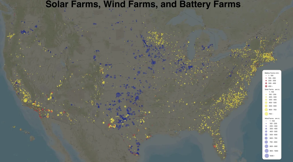 Solar farms, wind farms, and battery farms (Symbolbild: Energiespeicher)