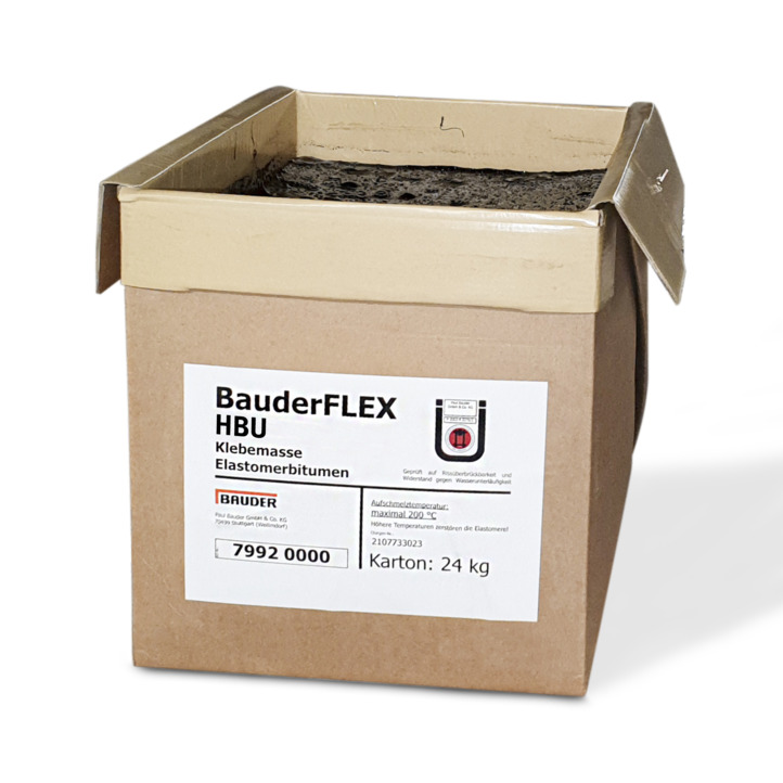 BauderFLEX HBU Elastomerbitumen-Klebemasse im 24-kg-Abreißkarton mit Produktetikett