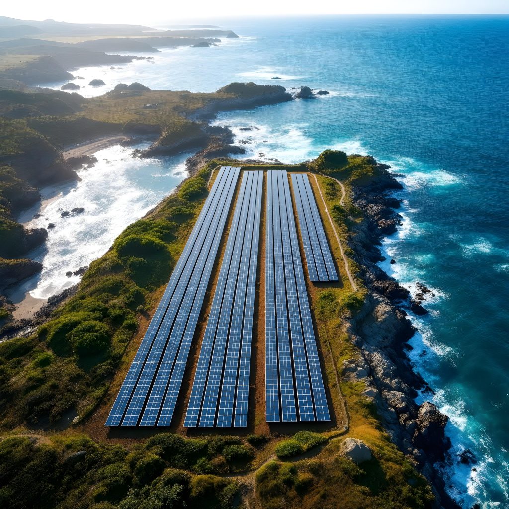 A solar panel installation in a coastal area image by SkySail Innovation (Symbolbild: Solarmodule Glas-Glas bifazial)